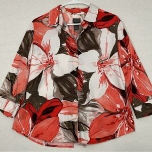 🐦‍🔥Chicos Floral Orange & Brown Collared 3/4 Sleeves Button Down Cotton Shirt. L